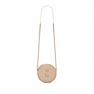 YSL VINYLE ROUND CAMERA BAG IN CHEVRON-QUILTED GRAIN DE POUDRE EMBOSSED LEATHER 6104361GF072721 (17*17*5.5cm)